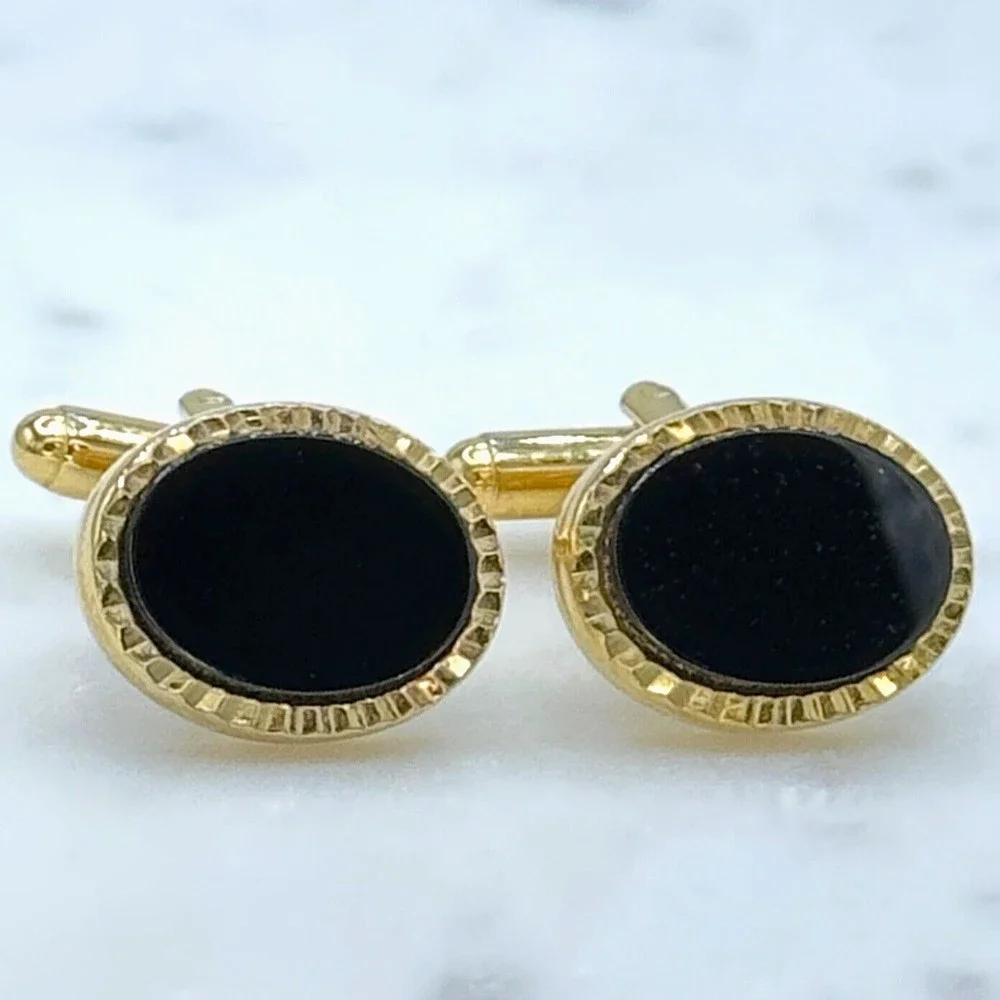 Vintage Oval Black Center & Gold Tone Bullet Back Elegant Formal Cufflinks